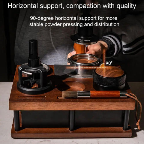 Heavy Hitter Double Tier Solid Wood Espresso Tamping Station With Combo Knock Box Premium Handcrafted coffee bar organizer kit showcasing horizontal support.