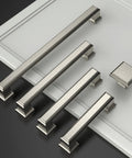 Premium 10 Pack 3.75 Inch Brushed Satin Nickel Kitchen Cabinet Pulls Heavy Duty Solid Metal Handles arranged on a surface.