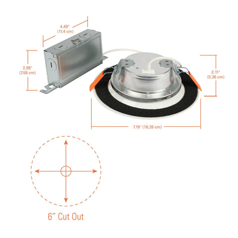 Six Inch Canless LED Recessed Ceiling Light Featuring Sleek Baffle Trim And Five Color Options detail showing dimensions and cutout size.