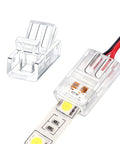 Close-up of 40 Pack 2 Pin 8mm RGB LED Strip Connectors Waterproof Solderless Adapter with attached LED strip and wires