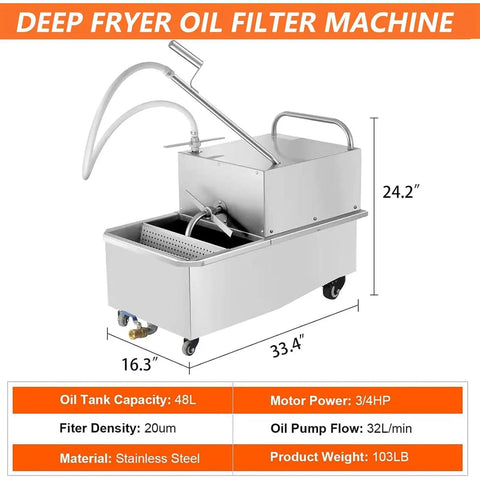 Heavy Duty Stainless Steel 550W Deep Fryer Oil Filter Machine With Built In Screen 32 L Min Fast Filtration For Commercial Kitchen restaurant And Supermarket Grease Removal System showing dimensions and oil filtration details.
