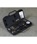 Mityvac MV5530 engine compression test kit, top view in black case with 2-3/4 in Bourdon gauge and adapters.