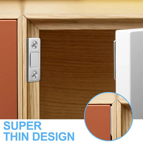 Four Pack Ultra Thin Magnetic Door Catch Set With 3.7mm Stainless Steel Magnets Delivers 15Lb Hold, mounted on cabinet