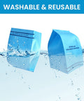 Two washable and reusable blue vacuum filter bags submerged in water, labeled for 20 Pack Universal Wet Dry Vacuum Filter Bags For 2.5 To 5 Gallon Vacs Fits Craftsman 9-38737 Husky Bauer 3 Gallon WORKSHOP WS01025F MultiFit VF2000 And More Durable Micro Filters For Quick No Fuss Cleanup.