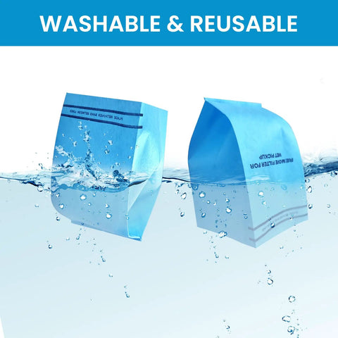 Two washable and reusable blue vacuum filter bags submerged in water, labeled for 20 Pack Universal Wet Dry Vacuum Filter Bags For 2.5 To 5 Gallon Vacs Fits Craftsman 9-38737 Husky Bauer 3 Gallon WORKSHOP WS01025F MultiFit VF2000 And More Durable Micro Filters For Quick No Fuss Cleanup.