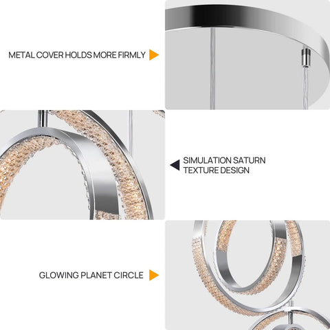 Sleek Modern LED Chandelier With Six Ring Chrome Pendant Light, Dimmable 18W Ceiling Fixture features simulation Saturn texture design