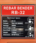 Technical specs of Badass Heavy Duty Electric Rebar Bender With 1-1/4 Inch Max Diameter Steel Bending Table Machine 110V 3000W.