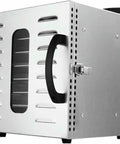 Top Shelf 1000W Food Dehydrator With 8 Spacious Trays, silver stainless steel exterior with transparent window and black handle.