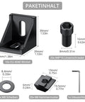 Package contents for 10 Pack Aluminum Profile 4040 Corner Brackets, black finish, with screws, washers, hammer nuts, and Allen key.