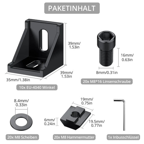 Package contents for 10 Pack Aluminum Profile 4040 Corner Brackets, black finish, with screws, washers, hammer nuts, and Allen key.