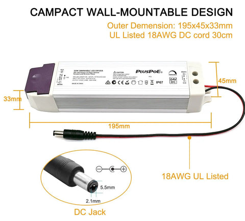 Ultimate 24V LED Dimmer Driver 50W with 0-100 Percent Dimming Triac ELV MLV Power Supply, compact design, dimensions labeled