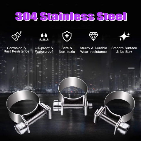 Front view of three 304 stainless steel mini fuel-injection hose clamps with bolts, assorted sizes