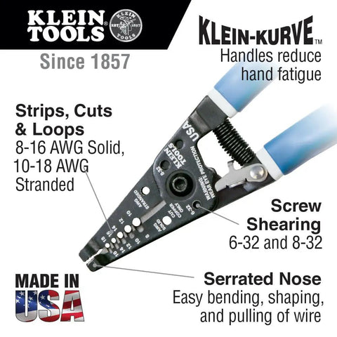 Wire Stripper And Cutter For 8-16 AWG Solid And 10-18 AWG Stranded Wire With Locking Mechanism, features labeled functions and features.