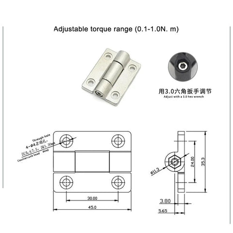 Amazon zinc alloy torque hinge, nickel finish, 1 pc, 35.3x45 mm, through-hole mounting, adjustable with 3.0 hex wrench