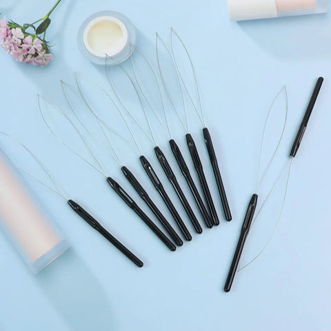 10 Pack Hair Extension Loop Tools And Needle Threaders for Easy Stringing And Styling, lightweight plastic handles displayed.