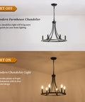 Farmhouse Wagon Wheel Chandelier 20 Inch Black Brown Iron With 6 Lights Round Rustic Kitchen Island Pendant Light For Dining Room Barn Chic Farmhouse Style Ceiling Fixture, light on and off view.