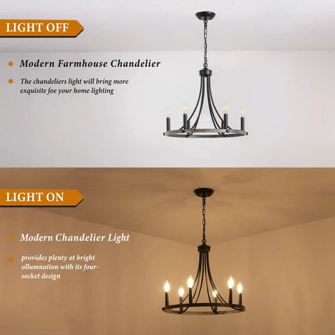 Farmhouse Wagon Wheel Chandelier 20 Inch Black Brown Iron With 6 Lights Round Rustic Kitchen Island Pendant Light For Dining Room Barn Chic Farmhouse Style Ceiling Fixture, light on and off view.