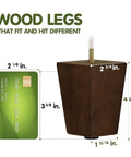 Heavy Duty Four Inch Square Wooden Furniture Legs With Adjustable Levelers And Secure T Nuts Hardware Brown Wood Grain dimensions and design display.