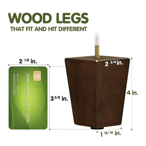 Heavy Duty Four Inch Square Wooden Furniture Legs With Adjustable Levelers And Secure T Nuts Hardware Brown Wood Grain dimensions and design display.