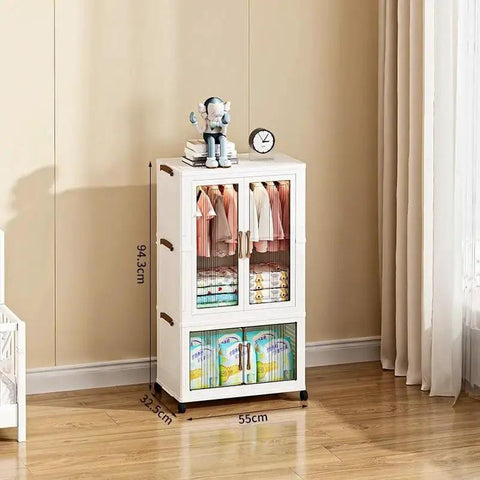 Portable Foldable Wardrobe Closet Organizer Sturdy Fabric Clothes Storage Cabinet with hanging clothes and storage bins.