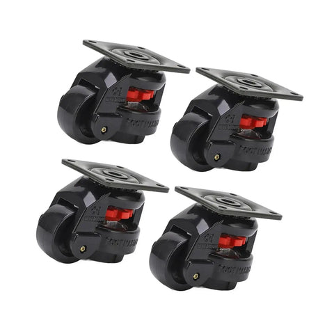 Four Pack Rock Solid Retractable Leveling Casters With Heavy Industrial Wheels And Smooth Cruising 360 Degree Swivel Mobility For Workshop Gear And Machine Base Support, close-up view showing caster design.