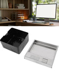 Top Notch Concealed Floor Electrical Outlet Box With Heavy Duty Stainless Lid, Easy Open Handle, 3 Prong Power Jack And Dual Data Ports, Flat Pop Up Receptacle That Slides Smoothly Under Tile Or Carpet Floors, showing black and stainless steel components.
