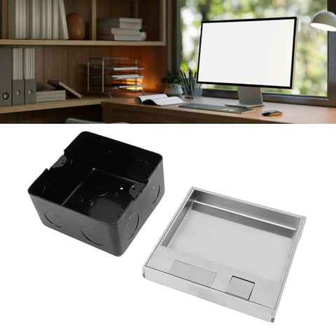 Slick Recessed Floor Electrical Outlet Kit With No Fuss Flip Lid Silver Stainless Steel Body Includes Single Three Prong Power Jack And Dual Ethernet Data Slots For Kitchen Or Home Office showing black box and stainless steel cover.