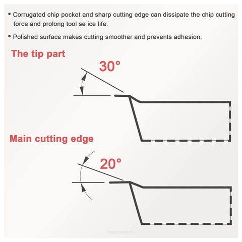 Diagram of cutting angles for carbide turning inserts, showing 30-degree tip part and 20-degree main cutting edge with text.