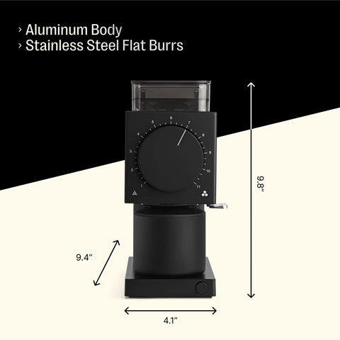 64mm Flat Burr Electric Coffee Grinder Built For Brewed Coffee Lovers With 31 Grind Settings shown in black aluminum body