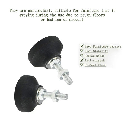 Four Pack Heavy Duty Furniture Leveling Feet With Round Base Screw On Glides For Tables And Chairs Lock Tight Stability And Smooth Glide Action Solid Build That Goes Hard In Black And Silver close-up of glides with metal screw mounts
