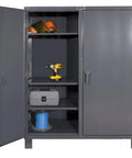 Heavy Duty All Welded Steel Lockable Storage Cabinet Packed With Six Adjustable Shelves Hardcore Garage Workhorse Boasting 1300 Pound Shelf Rating And No Nonsense Secure Locking 24 By 72 By 66 Inches with tools and safety gear inside.