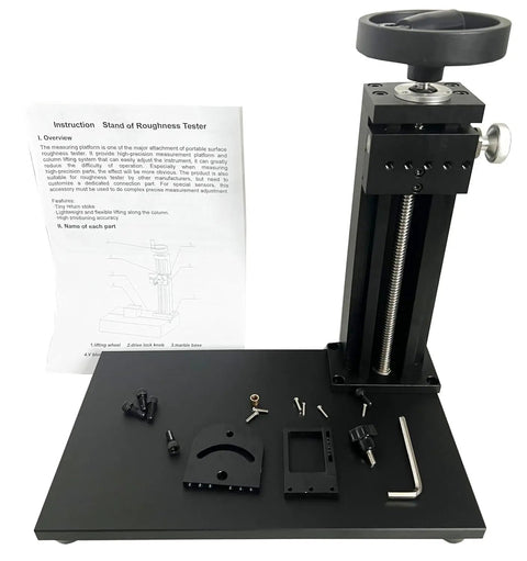 Grab And Go Digital Surface Roughness Meter With Curved Sensor And Steel Stand For Cylindrical Parts Offering Dead Accurate Readings Plug And Play USB Connection Shop Ready Workhorse Design stand with adjustable column and instructions.