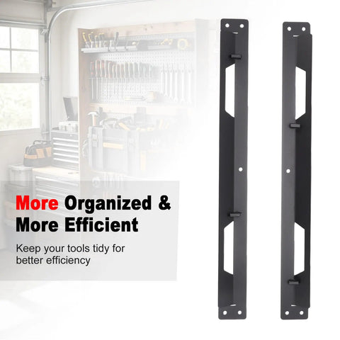 Two black mounting brackets from the Beefy Underbody Truck Tool Box Mounting Bracket Kit with tool wall in the background.