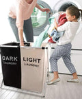 Two Section Laundry Basket Hamper Foldable Waterproof Cloth Organizer With Aluminum X Frame And Carrying Handles For Bathroom And Home