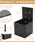 Heavy Duty Pergola Joist Bracket Connector With Screws For 4x4 Wood Posts, shown with dimensions and black steel finish.