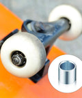 36 Piece Skateboard Bearing Spacers And Washers Hardware Kit For Most Trucks And Longboards Includes 24 Washers And 12 Spacers To Boost Speed And Bearing Performance shown with skateboard wheel and close-up of spacer
