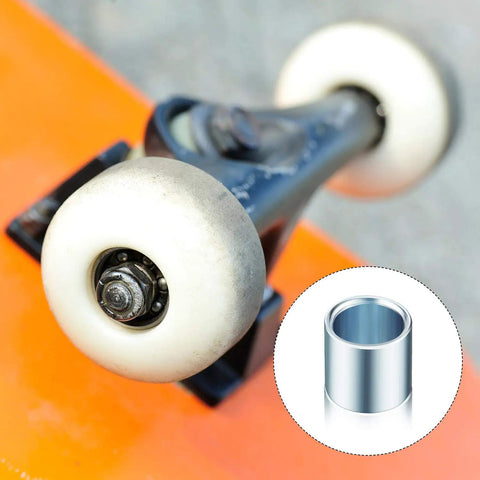 36 Piece Skateboard Bearing Spacers And Washers Hardware Kit For Most Trucks And Longboards Includes 24 Washers And 12 Spacers To Boost Speed And Bearing Performance shown with skateboard wheel and close-up of spacer
