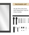 36 Inch Wide By 84 Inch Tall Mirror Barn Door with 6.6 foot sliding hardware, full-length mirror, black PVC surface, no assembly