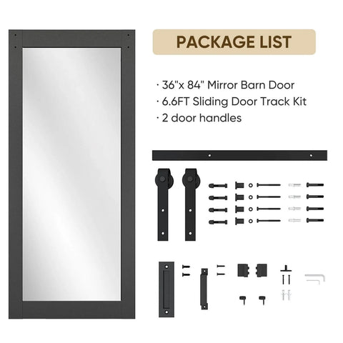 36 Inch Wide By 84 Inch Tall Mirror Barn Door with 6.6 foot sliding hardware, full-length mirror, black PVC surface, no assembly