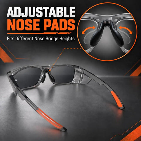 Top Shelf Polarized Safety Sunglasses With Category 4 Extra Dark Smoke Lenses showing adjustable nose pads for custom fit.