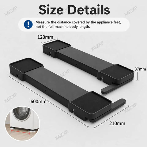 Heavy Duty Washer Dryer Pedestal With Roller Sliders For Easy Lift Move And Lower Heavy Appliances, Adjustable Furniture Mover With 250kg Load Capacity, Solid Plastic Stand for Washers Dryers and Fridges In Black, size details.