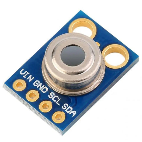 Close-up of GY-906 MLX90614ESF Non Contact Infrared Temperature Sensor Module with visible metal detector and circuit board.