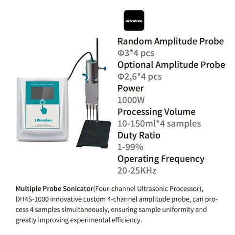 Multiple Probe Ultrasonic Sonicator For Laboratory Samples With Dual Probes Programmable Centralized Control Pro Grade Performance Fast Simultaneous Processing Adjustable Pulse And Power Self Diagnostics DH4S 1000, 4-channel unit