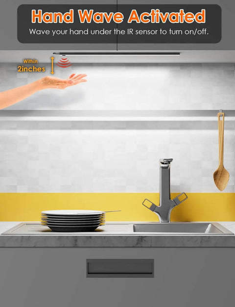Plug In Hands Free Magnetic Under Cabinet Lights 16 Inch Ultra Thin Motion Sensor shown above a kitchen sink, hand activated.