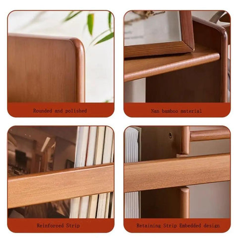 Close-up of features on the Expandable Bamboo Bookshelf Organizer For Your Home Office, Desktop Display Rack, Reinforced Strip design.