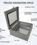 Heavy Duty EV Charger Enclosure With Secure Acrylic Viewing Window And Cylinder Lock 19X24 Inch NEMA 3R Outdoor Weatherproof Box with open lid and specs visible.