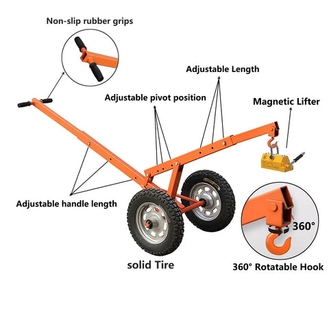 Heavy Duty Magnetic Manhole Cover Lift Dolly Kit Featuring A Rock Solid Steel Frame And A Knockout 880 Pound Grip To Move Heavy Ferrous Material Without Breaking A Sweat, showing features like adjustable length and solid tires.