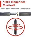 180 degree swivel hinge showcasing smooth motion, grease-ready design, and silent operation features.