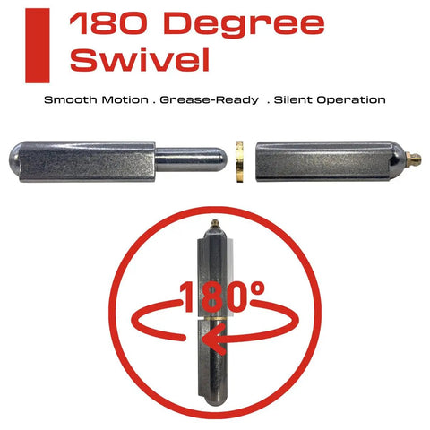 180 degree swivel hinge showcasing smooth motion, grease-ready design, and silent operation features.