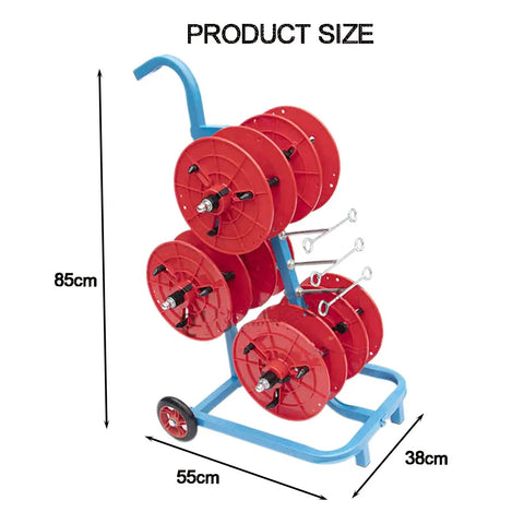 Portable Wire Spool Rack Dispenser For Heavy Duty Wire And Cable Storage, Multi Spool Holder with red reels, 85x55x38cm